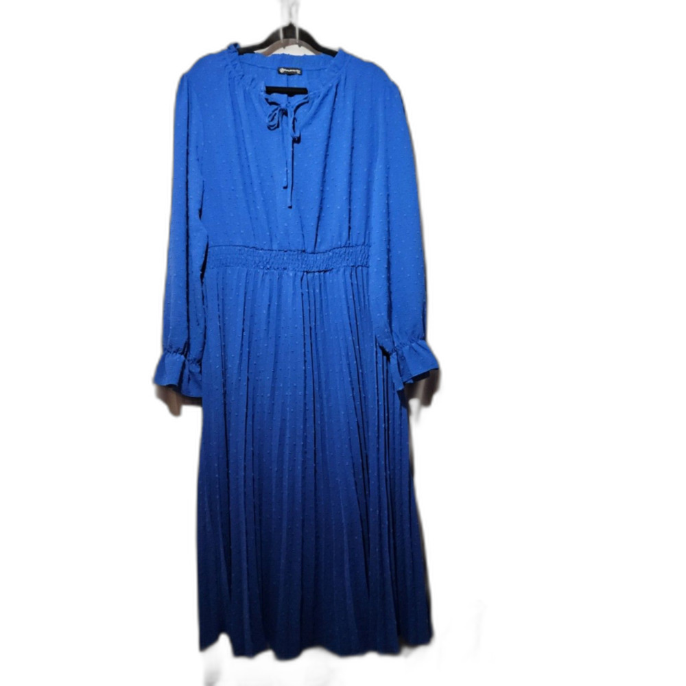 Pretty Garden Chic XXL Royal Blue Swiss Dot Pleated Midi Dress Long Sleeve